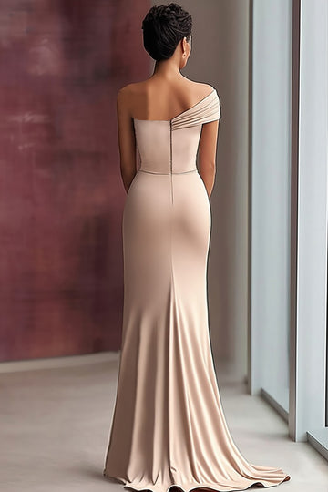 Robe de gala plissée en jersey kaki clair fourreau à une épaule